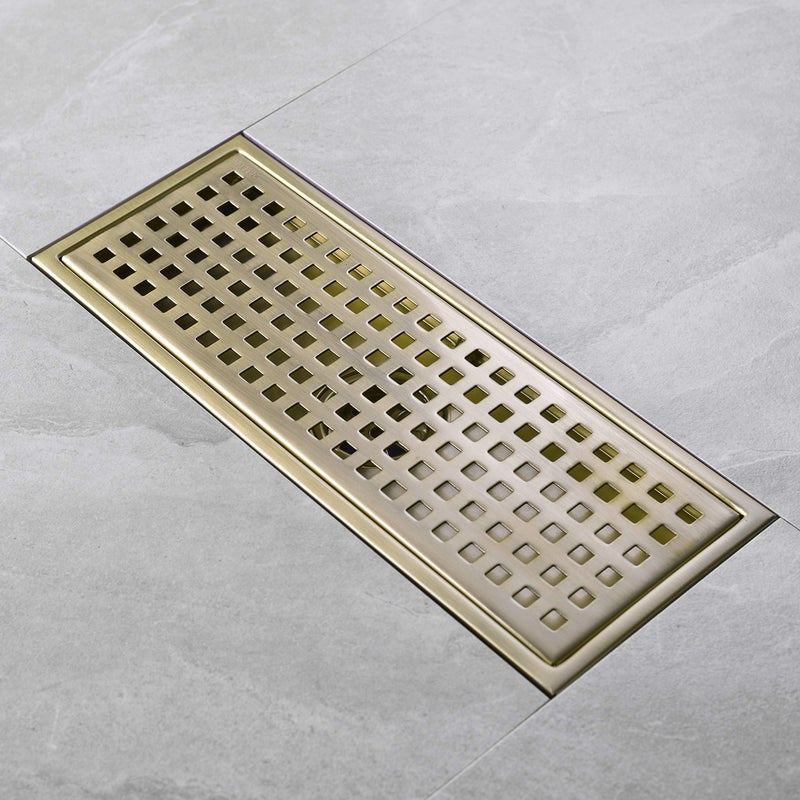 Orhemus 12 inch Stainless Steel Linear Shower Floor Drain with Threaded Adapter, Removable Cover Grid Grate, Brushed Gold Finished - Image 5